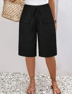 New Women's Chinos Shorts Basic Casual Knee Length High Waist Plain Elastic Waistband Comfy Soft Comfortable Micro-elastic Outdoor Street Black Orange Green Khaki Summer Spring Regular Fit Women Shorts