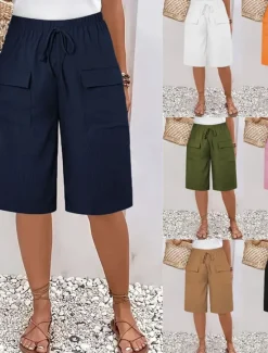 New Women's Chinos Shorts Basic Casual Knee Length High Waist Plain Elastic Waistband Comfy Soft Comfortable Micro-elastic Outdoor Street Black Orange Green Khaki Summer Spring Regular Fit Women Shorts