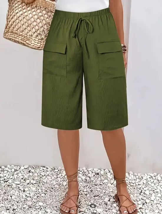New Women's Chinos Shorts Basic Casual Knee Length High Waist Plain Elastic Waistband Comfy Soft Comfortable Micro-elastic Outdoor Street Black Orange Green Khaki Summer Spring Regular Fit Women Shorts
