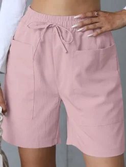 Best Women's Chinos Shorts Basic Casual Short High Waist Plain Pocket Elastic Waistband Comfy Soft Comfortable Stretchy Outdoor Street Apricot White Pink Blue Summer Spring Regular Fit Women Shorts