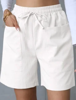 Best Women's Chinos Shorts Basic Casual Short High Waist Plain Pocket Elastic Waistband Comfy Soft Comfortable Stretchy Outdoor Street Apricot White Pink Blue Summer Spring Regular Fit Women Shorts