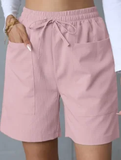 Best Women's Chinos Shorts Basic Casual Short High Waist Plain Pocket Elastic Waistband Comfy Soft Comfortable Stretchy Outdoor Street Apricot White Pink Blue Summer Spring Regular Fit Women Shorts
