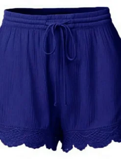 Online Women's Chinos Shorts Basic Casual Short High Waist Plain Elastic Drawstring Design High Cut Breathability Soft Micro-elastic Casual Daily Weekend Wine Lake Blue Black White Summer Spring Regular Fit Women Shorts