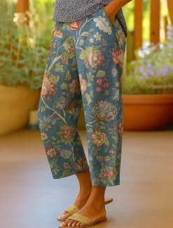 New Women's Chinos Shorts Cropped Pants Elegant Vacation Vintage Ankle-Length High Waist Floral Graphic Striped Layered Inelastic Outdoor Street Daily Lake blue Blue Summer Spring Regular Fit Women Shorts|Pants