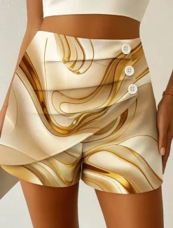 Discount Women's Chinos Shorts Elegant Vacation Vintage Short High Waist Graphic Abstract Layered Micro-elastic Outdoor Street Daily Golden Black Blue Summer Spring Women Shorts
