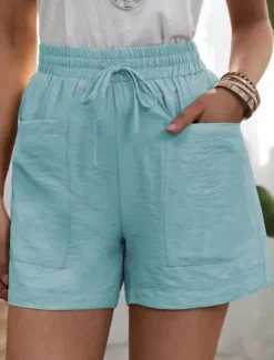 Best Women's Chinos Shorts Fashion Streetwear Basic Short High Waist Plain Pocket Elastic Waistband Comfy Soft Comfortable Stretchy Outdoor Street White Pink Blue Khaki Summer Spring Regular Fit Women Shorts