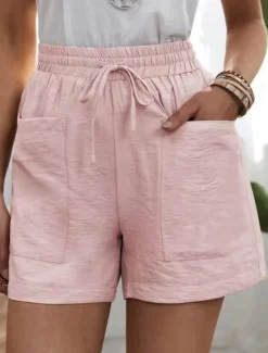 Best Women's Chinos Shorts Fashion Streetwear Basic Short High Waist Plain Pocket Elastic Waistband Comfy Soft Comfortable Stretchy Outdoor Street White Pink Blue Khaki Summer Spring Regular Fit Women Shorts