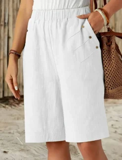 Hot Women's Chinos Shorts Fashion Streetwear Basic Knee Length High Waist Plain Pocket Elastic Waistband Comfy Soft Comfortable Micro-elastic Outdoor Street Dark-Gray Navy Black White Summer Spring Loose Women Shorts