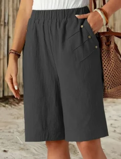 Hot Women's Chinos Shorts Fashion Streetwear Basic Knee Length High Waist Plain Pocket Elastic Waistband Comfy Soft Comfortable Micro-elastic Outdoor Street Dark-Gray Navy Black White Summer Spring Loose Women Shorts