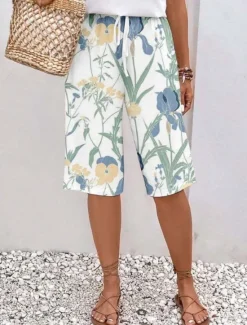 Discount Women's Chinos Shorts Fashion Streetwear Casual Knee Length High Waist Floral Drawstring Comfy Soft Comfortable Micro-elastic Outdoor Vacation Street Apple Green Royal Blue Blue Green Summer Regular Women Shorts