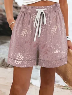 Women's Chinos Shorts Vacation Vintage Ethnic Style Short Mid Waist Floral Graphic Drawstring Elastic Waist Formal Vacation Street Pink Khaki Beige Summer Spring Regular Fit Women Shorts