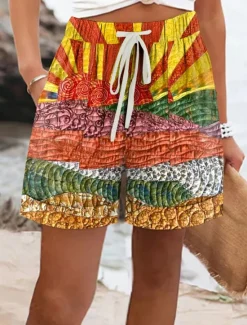 Hot Women's Chinos Shorts Vacation Vintage Ethnic Style Short High Waist Graphic Abstract Elastic Waist Formal Vacation Street Robin's Egg Blue Orange Green Summer Spring Regular Fit Women Shorts