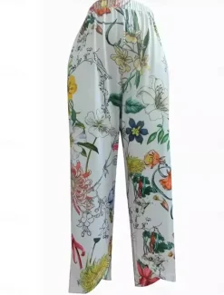 Hot Women's Chinos Vacation Vintage Calf-Length High Waist Floral Pocket Elastic Waistband Comfy Soft Comfortable Micro-elastic Outdoor Vacation Summer Loose Fit Women Pants|Spring Pants