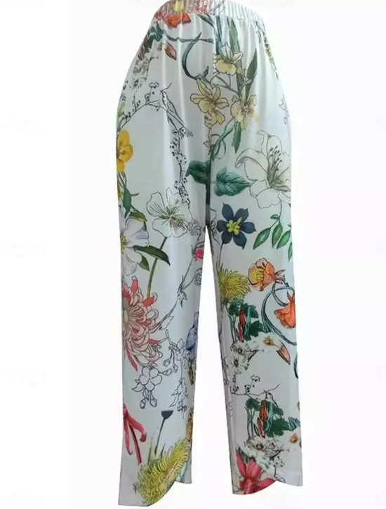 Hot Women's Chinos Vacation Vintage Calf-Length High Waist Floral Pocket Elastic Waistband Comfy Soft Comfortable Micro-elastic Outdoor Vacation Summer Loose Fit Women Pants|Spring Pants