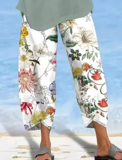 Hot Women's Chinos Vacation Vintage Calf-Length High Waist Floral Pocket Elastic Waistband Comfy Soft Comfortable Micro-elastic Outdoor Vacation Summer Loose Fit Women Pants|Spring Pants