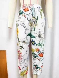 Hot Women's Chinos Vacation Vintage Calf-Length High Waist Floral Pocket Elastic Waistband Comfy Soft Comfortable Micro-elastic Outdoor Vacation Summer Loose Fit Women Pants|Spring Pants