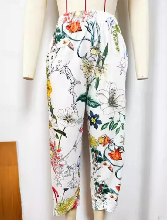 Hot Women's Chinos Vacation Vintage Calf-Length High Waist Floral Pocket Elastic Waistband Comfy Soft Comfortable Micro-elastic Outdoor Vacation Summer Loose Fit Women Pants|Spring Pants