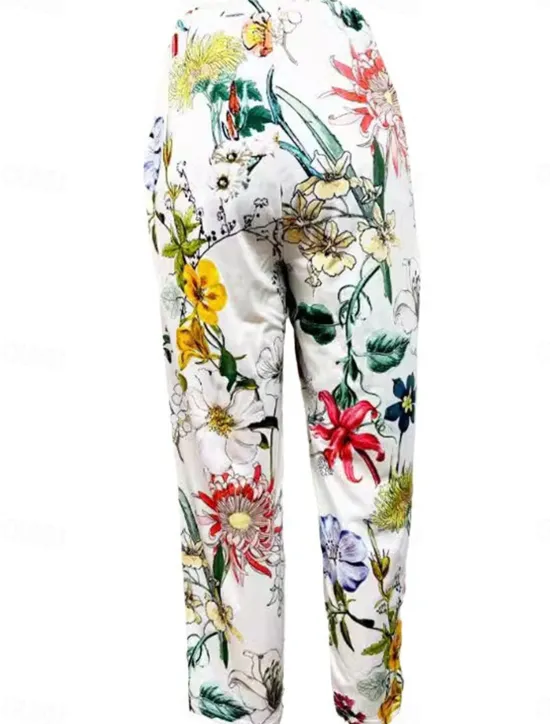 Hot Women's Chinos Vacation Vintage Calf-Length High Waist Floral Pocket Elastic Waistband Comfy Soft Comfortable Micro-elastic Outdoor Vacation Summer Loose Fit Women Pants|Spring Pants