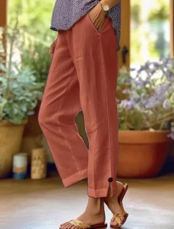 Online Women's Chinos Vintage Fashion Basic Ankle-Length High Waist Plain Pocket Comfort Outdoor Inelastic Vacation Street Daily Deep Green Navy White Pink Summer Spring Loose Fit Women Pants