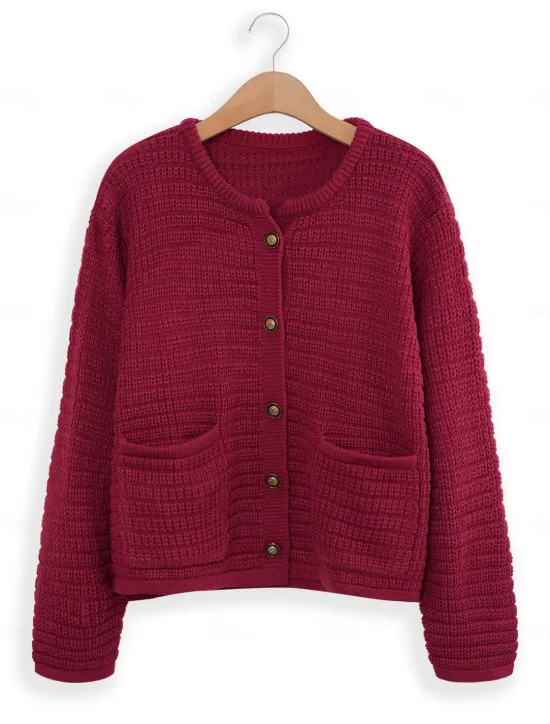 Women's Classic Cardigan Crew Neck Knitted Textured Fall Winter Formal Elegant Fashion Daily Long Sleeve Solid Color Wine Red Black Women Cardigans & Outerwears