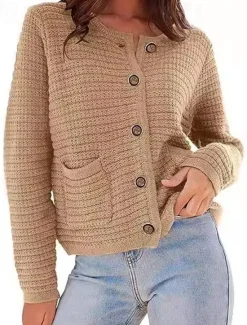 Women's Classic Cardigan Crew Neck Knitted Textured Fall Winter Formal Elegant Fashion Daily Long Sleeve Solid Color Wine Red Black Women Cardigans & Outerwears