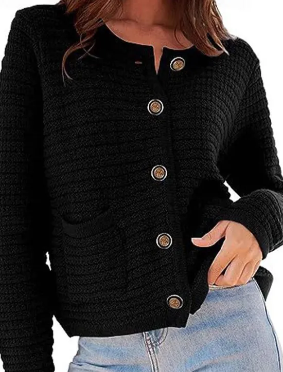 Women's Classic Cardigan Crew Neck Knitted Textured Fall Winter Formal Elegant Fashion Daily Long Sleeve Solid Color Wine Red Black Women Cardigans & Outerwears