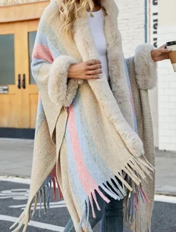 Discount Women's Cloak / Capes Outdoor Street Daily Wear Fall Winter Regular Coat Regular Fit Thermal Warm Breathable Stylish Casual Jacket Long Sleeve Stripe Faux Fur Trim Khaki Apricot Gray Women Coats & Trench Coats