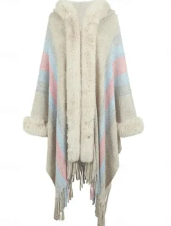 Discount Women's Cloak / Capes Outdoor Street Daily Wear Fall Winter Regular Coat Regular Fit Thermal Warm Breathable Stylish Casual Jacket Long Sleeve Stripe Faux Fur Trim Khaki Apricot Gray Women Coats & Trench Coats