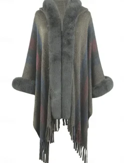 Discount Women's Cloak / Capes Outdoor Street Daily Wear Fall Winter Regular Coat Regular Fit Thermal Warm Breathable Stylish Casual Jacket Long Sleeve Stripe Faux Fur Trim Khaki Apricot Gray Women Coats & Trench Coats