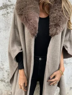 Online Women's Cloak / Capes Outdoor Street Daily Fall Winter Regular Coat Regular Fit Warm Breathable Comtemporary Stylish Jacket 3/4 Length Sleeve Solid Color Fur Collar Black Khaki Gray Women Coats & Trench Coats
