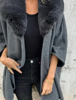 Online Women's Cloak / Capes Outdoor Street Daily Fall Winter Regular Coat Regular Fit Warm Breathable Comtemporary Stylish Jacket 3/4 Length Sleeve Solid Color Fur Collar Black Khaki Gray Women Coats & Trench Coats