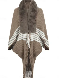 New Women's Cloak / Capes Outdoor Street Daily Wear Fall Winter Regular Coat Regular Fit Thermal Warm Breathable Stylish Casual Jacket Long Sleeve Stripe Tassel Fringe Faux Fur Trim Wine Apricot Coffee Women Coats & Trench Coats