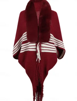 New Women's Cloak / Capes Outdoor Street Daily Wear Fall Winter Regular Coat Regular Fit Thermal Warm Breathable Stylish Casual Jacket Long Sleeve Stripe Tassel Fringe Faux Fur Trim Wine Apricot Coffee Women Coats & Trench Coats