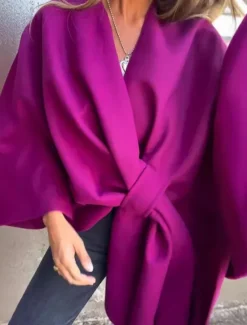 Women's Cloak / Capes Outdoor Street Daily Wear Fall Winter Regular Coat Regular Fit Thermal Warm Breathable Stylish Casual Jacket Long Sleeve Plain Oversize Fuchsia Brown Khaki Women Cardigans & Outerwears