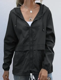 Online Women's Coat Athleisure Daily Wear Spring Fall Regular Coat Stand Collar Regular Fit Waterproof Stylish Casual Jacket Long Sleeve Solid Color Drawstring Black Wine Dark Navy Women Jackets