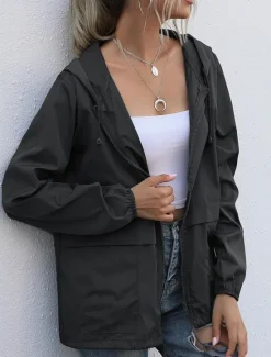 Online Women's Coat Athleisure Daily Wear Spring Fall Regular Coat Stand Collar Regular Fit Waterproof Stylish Casual Jacket Long Sleeve Solid Color Drawstring Black Wine Dark Navy Women Jackets