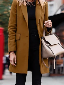 New Women's Coat Outdoor Office Street Fall Winter Long Coat Regular Fit Thermal Warm Breathable Stylish Casual Jacket Long Sleeve Plain with Pockets Black Red Coffee Women Coats & Trench Coats
