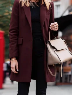 New Women's Coat Outdoor Office Street Fall Winter Long Coat Regular Fit Thermal Warm Breathable Stylish Casual Jacket Long Sleeve Plain with Pockets Black Red Coffee Women Coats & Trench Coats
