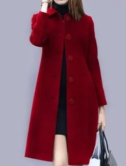 Best Women's Coat Outdoor Office / Career Fall Winter Long Coat Regular Fit Windproof Warm Comtemporary Stylish Lady Jacket Long Sleeve Plain with Pockets Black Red Royal Blue Women Coats & Trench Coats