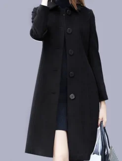 Best Women's Coat Outdoor Office / Career Fall Winter Long Coat Regular Fit Windproof Warm Comtemporary Stylish Lady Jacket Long Sleeve Plain with Pockets Black Red Royal Blue Women Coats & Trench Coats