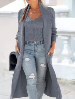 Outlet Women's Coat Outdoor Street Daily Wear Fall Winter Maxi Coat Regular Fit Thermal Warm Breathable Stylish Casual Jacket Long Sleeve Plain with Pockets Black Beige Gray Women Cardigans & Outerwears