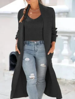 Outlet Women's Coat Outdoor Street Daily Wear Fall Winter Maxi Coat Regular Fit Thermal Warm Breathable Stylish Casual Jacket Long Sleeve Plain with Pockets Black Beige Gray Women Cardigans & Outerwears