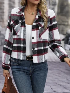 Hot Women's Coat Outdoor Street Daily Wear Fall Winter Short Coat Regular Fit Thermal Warm Breathable Stylish Casual Jacket Long Sleeve Stripes and Plaid with Pockets Print Red Green Khaki Women Jackets