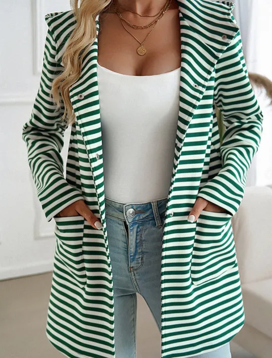 Women's Coat Outdoor Street Daily Wear Fall Winter Regular Coat Regular Fit Thermal Warm Breathable Stylish Casual Jacket Long Sleeve Stripe with Pockets Print Black Blue Brown Women Coats & Trench Coats