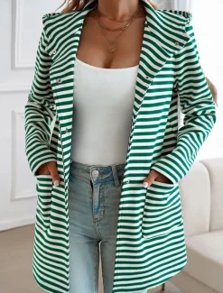 Women's Coat Outdoor Street Daily Wear Fall Winter Regular Coat Regular Fit Thermal Warm Breathable Stylish Casual Jacket Long Sleeve Stripe with Pockets Print Black Blue Brown Women Coats & Trench Coats