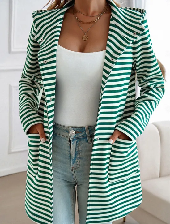 Women's Coat Outdoor Street Daily Wear Fall Winter Regular Coat Regular Fit Thermal Warm Breathable Stylish Casual Jacket Long Sleeve Stripe with Pockets Print Black Blue Brown Women Coats & Trench Coats