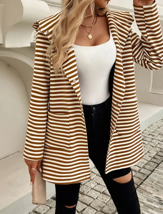 Women's Coat Outdoor Street Daily Wear Fall Winter Regular Coat Regular Fit Thermal Warm Breathable Stylish Casual Jacket Long Sleeve Stripe with Pockets Print Black Blue Brown Women Coats & Trench Coats