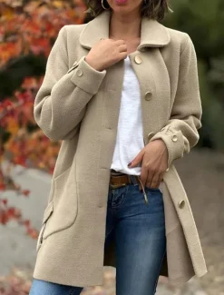 Clearance Women's Coat Outdoor Street Daily Wear Fall Winter Regular Coat Regular Fit Thermal Warm Breathable Stylish Casual Jacket Long Sleeve Plain with Pockets Black Apricot Coffee Women Coats & Trench Coats