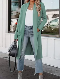 Best Women's Coat Outdoor Street Daily Wear Fall Winter Long Coat Regular Fit Thermal Warm Breathable Stylish Casual Jacket Long Sleeve Plain with Pockets Black White Green Women Cardigans & Outerwears