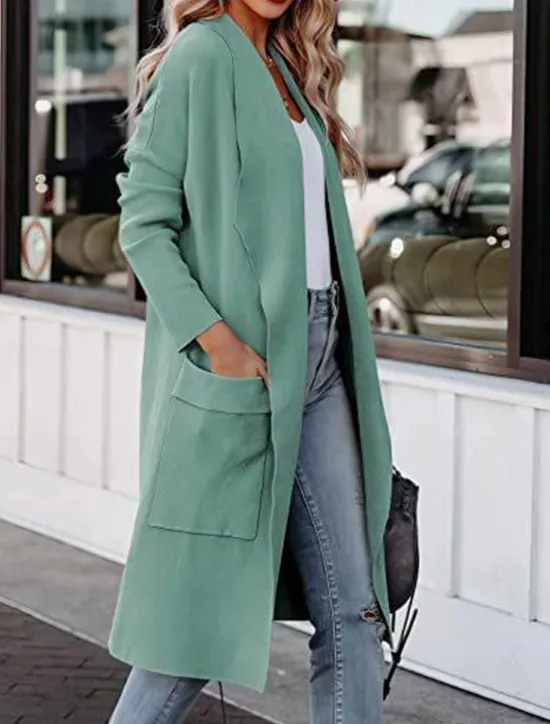 Best Women's Coat Outdoor Street Daily Wear Fall Winter Long Coat Regular Fit Thermal Warm Breathable Stylish Casual Jacket Long Sleeve Plain with Pockets Black White Green Women Cardigans & Outerwears